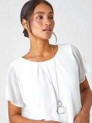 Roman White Chiffon Jersey Blouson Top with Necklace - Image 4 of 5