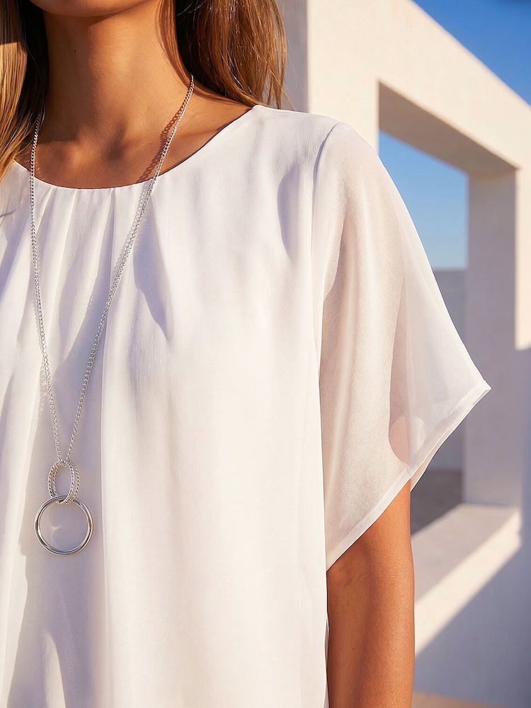 Roman White Chiffon Jersey Blouson Top with Necklace - Image 4 of 4 Roman White Chiffon Jersey Blouson Top with Necklace - Image 4 of 4