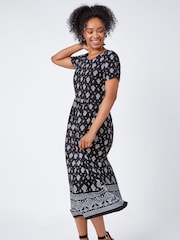 Roman Black Petite Border Print Stretch Midi Dress - Image 2 of 5