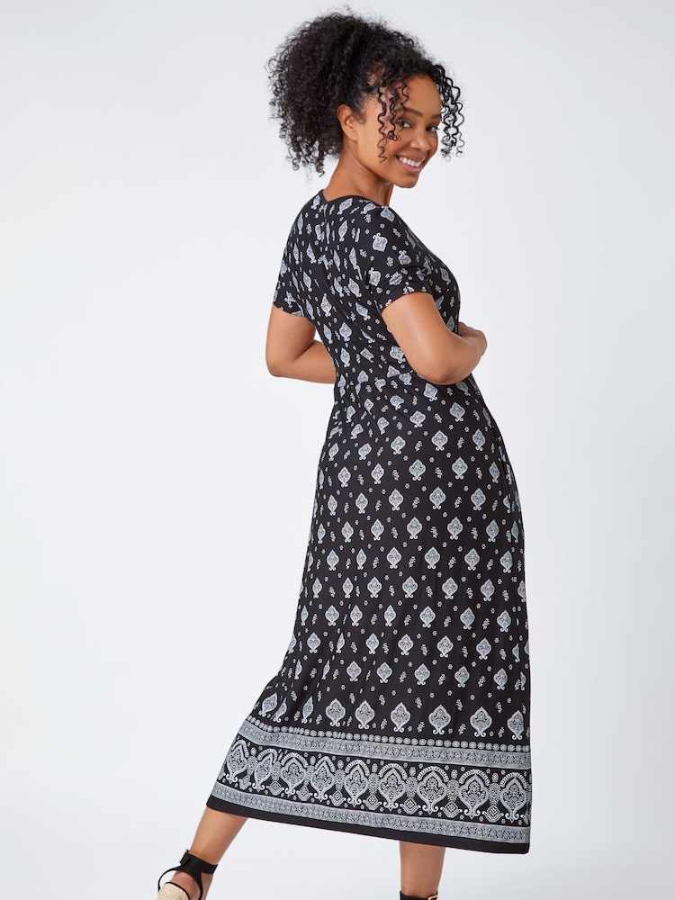 Roman Black Petite Border Print Stretch Midi Dress - Image 3 of 5