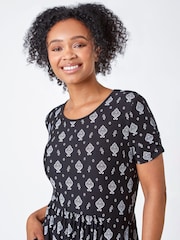 Roman Black Petite Border Print Stretch Midi Dress - Image 4 of 5
