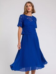Roman Blue Chrome Lace Top Overlay Pleated Midi Dress - Image 1 of 4