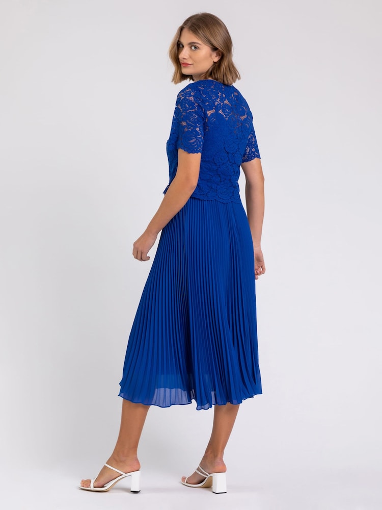Roman Blue Chrome Lace Top Overlay Pleated Midi Dress - Image 2 of 4