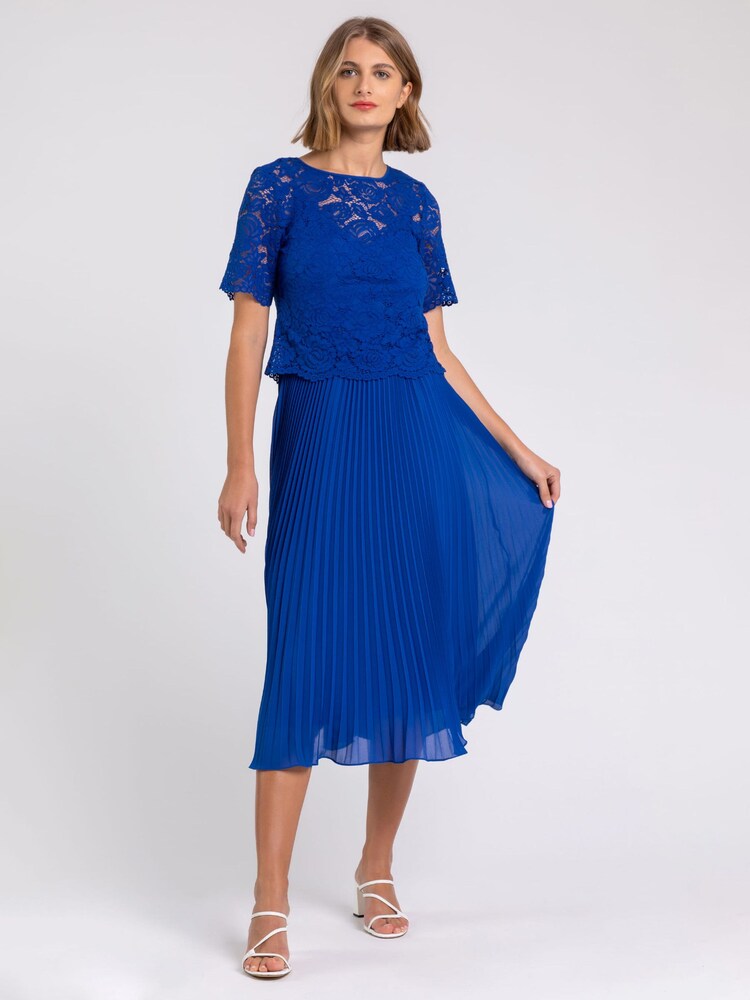 Buy Roman Blue Chrome Lace Top Overlay Pleated Midi Dress from the