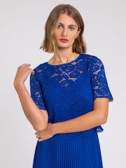 Roman Blue Chrome Lace Top Overlay Pleated Midi Dress - Image 4 of 4