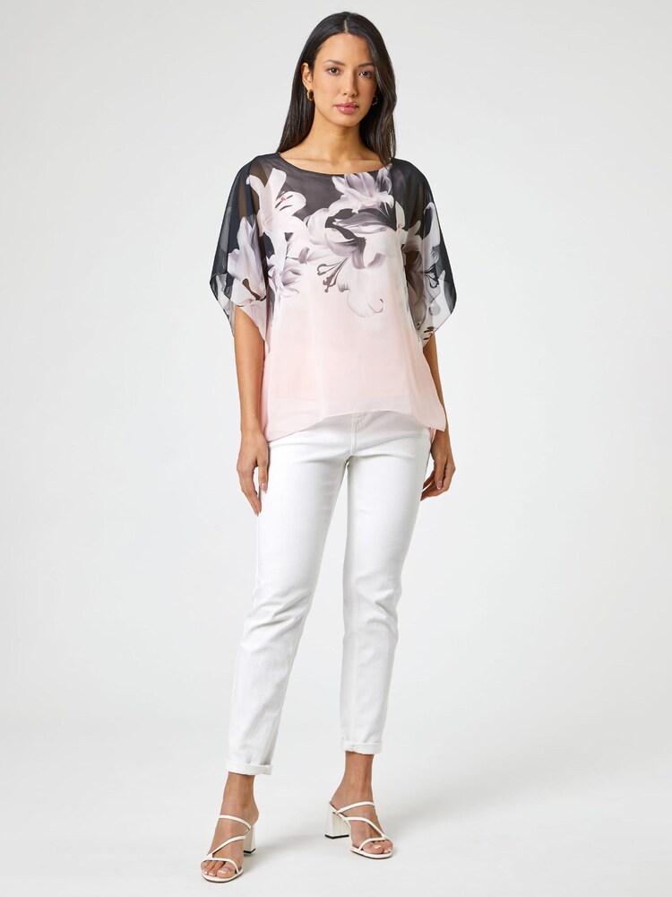 Roman Pink Floral Border Print Overlay Top - Image 2 of 4