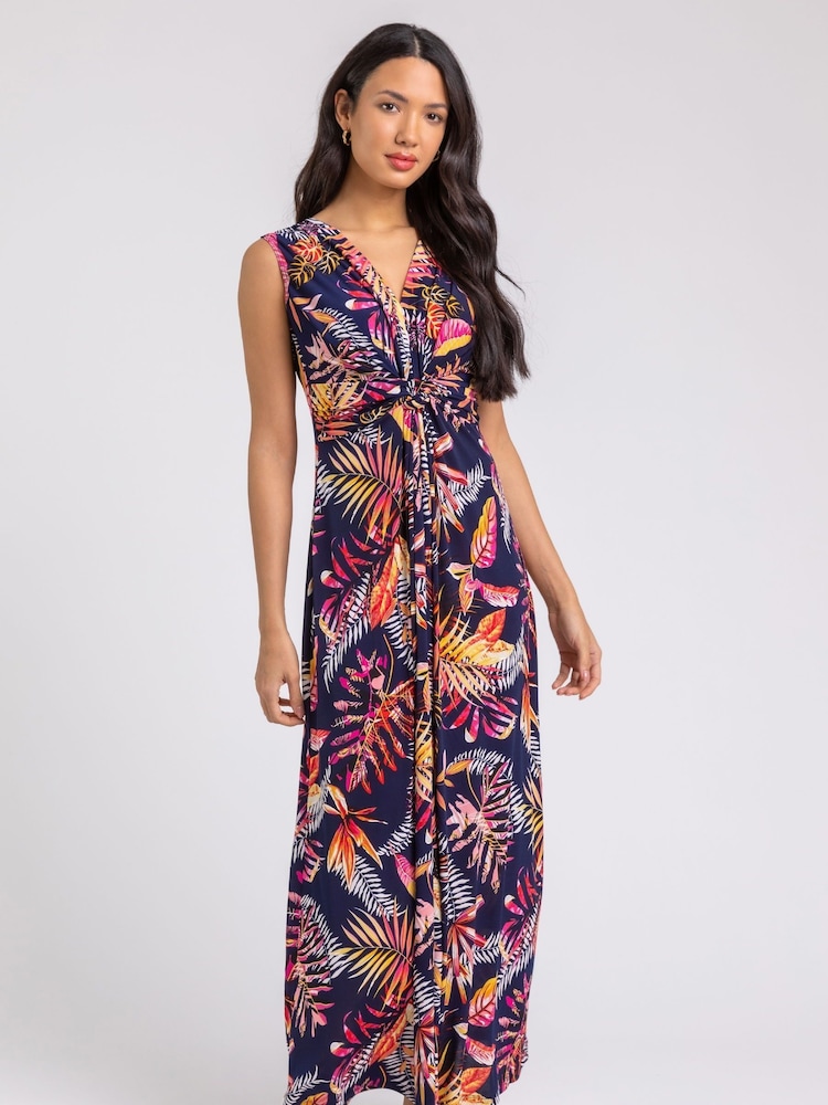 Roman Blue Tropical Puff Twist Detail Maxi Dress - Image 1 of 4 Roman Blue Tropical Puff Twist Detail Maxi Dress - Image 1 of 4