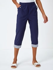 Roman Blue Contrast Detail Cropped Stretch Trousers - Image 1 of 5
