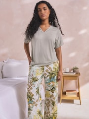 Sage Green Scene Print Linen Blend Short Sleeve Pyjamas - Image 1 of 9