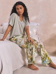 Sage Green Scene Print Linen Blend Short Sleeve Pyjamas - Image 2 of 9