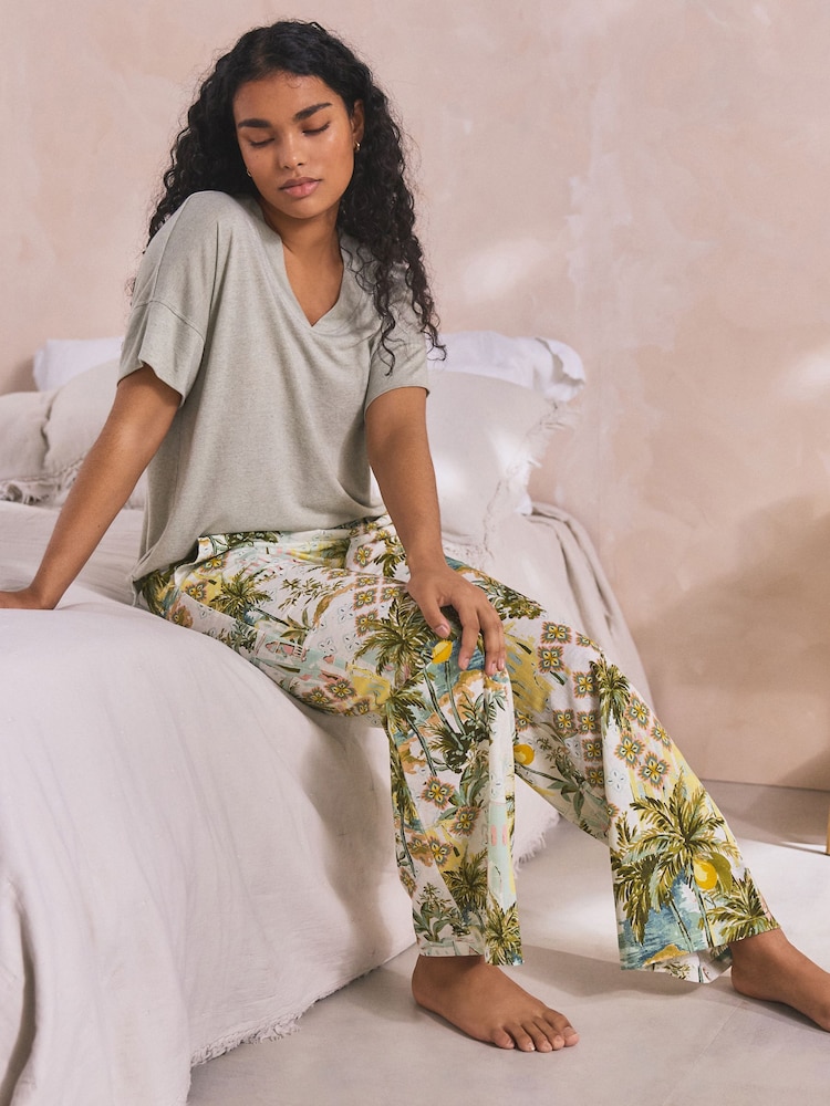 Sage Green Scene Print Linen Blend Short Sleeve Pyjamas - Image 2 of 9