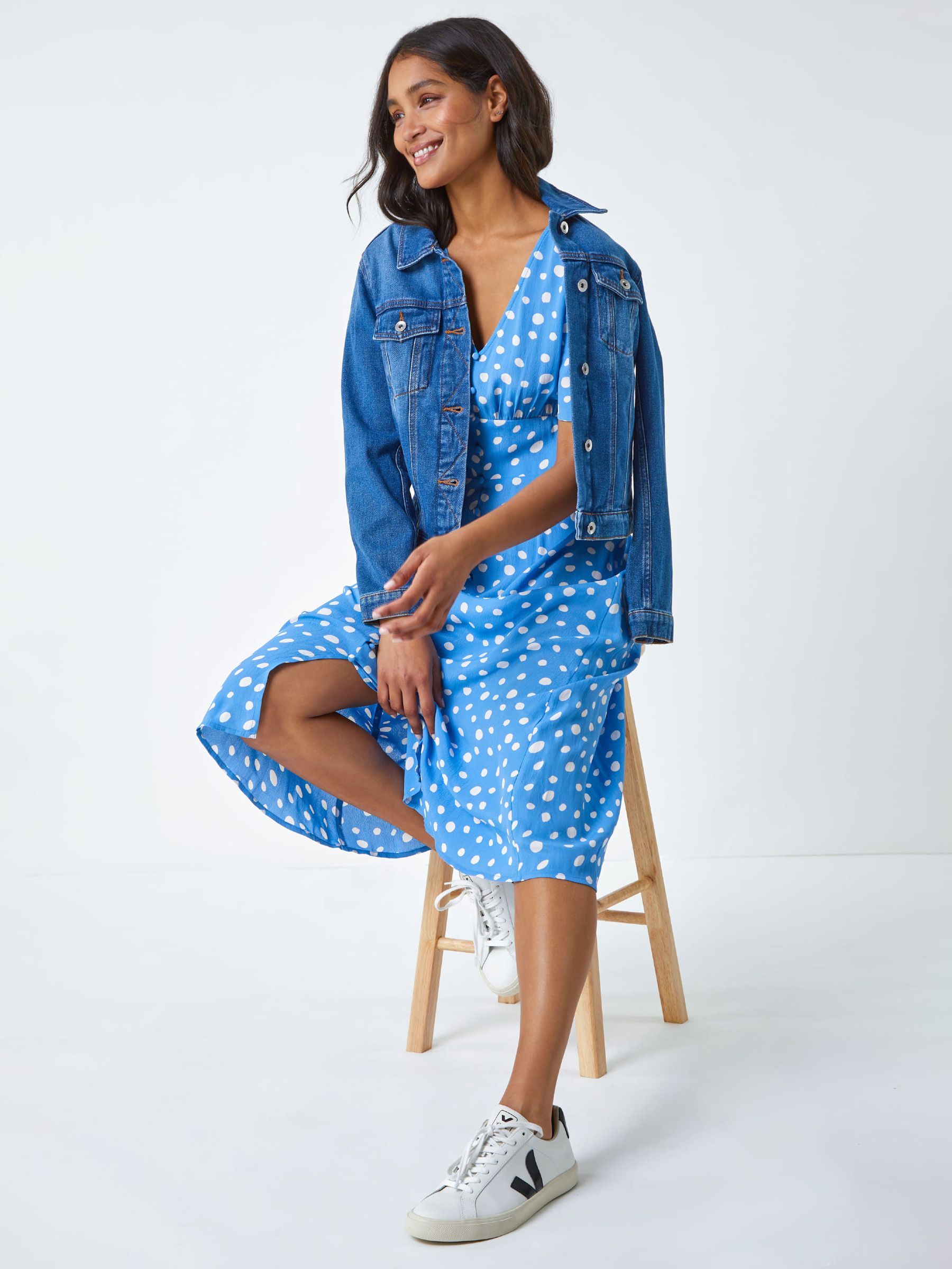 Roman Light Blue Polka Dot Ruched Sleeve Midi Dress