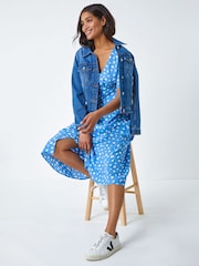 Roman Light Blue Polka Dot Ruched Sleeve Midi Dress - Image 1 of 5