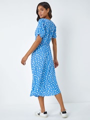 Roman Light Blue Polka Dot Ruched Sleeve Midi Dress - Image 2 of 5