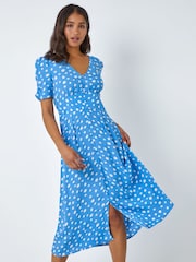 Roman Light Blue Polka Dot Ruched Sleeve Midi Dress - Image 3 of 5