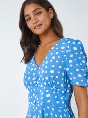 Roman Light Blue Polka Dot Ruched Sleeve Midi Dress - Image 4 of 5