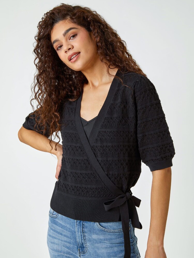 Roman Black 100% Cotton Wrap Over Tie Detail Cardigan - Image 1 of 5