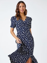 Roman Blue Polka Dot Ruched Sleeve Midi Dress - Image 1 of 5