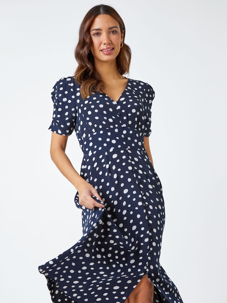 Roman Blue Polka Dot Ruched Sleeve Midi Dress - Image 1 of 5