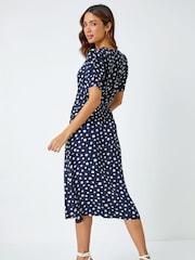 Roman Blue Polka Dot Ruched Sleeve Midi Dress - Image 2 of 5