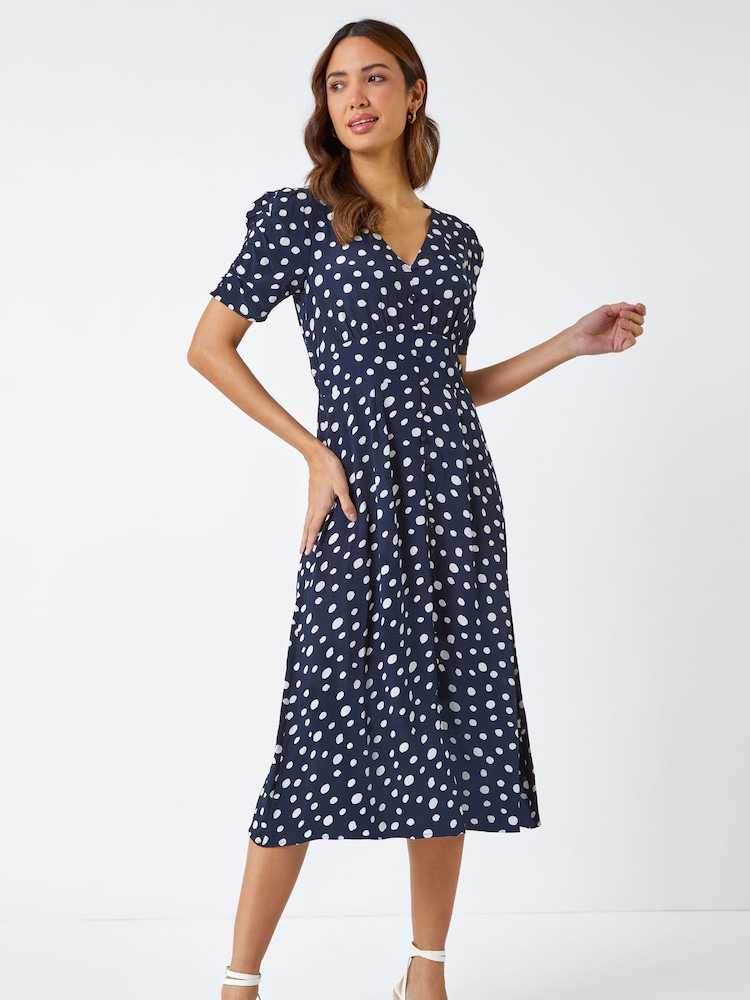 Roman Blue Polka Dot Ruched Sleeve Midi Dress - Image 3 of 5