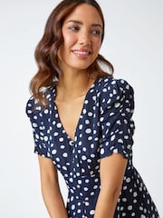 Roman Blue Polka Dot Ruched Sleeve Midi Dress - Image 4 of 5