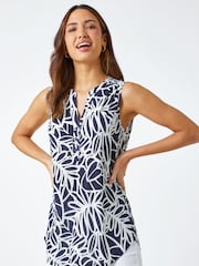 Roman Blue/White Textured Linear Print Sleeveless Top - Image 1 of 5