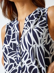 Roman Blue/White Textured Linear Print Sleeveless Top - Image 5 of 5