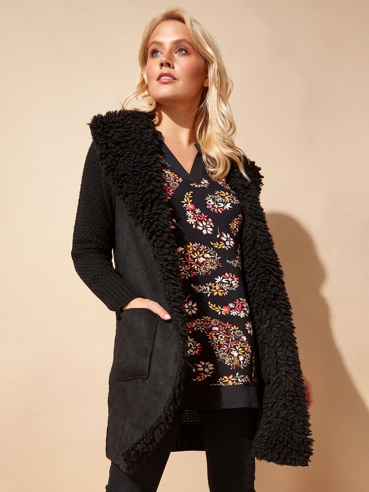 Roman Black Originals Longline Faux Shearling Knit Coatigan - Image 1 of 4 Roman Black Originals Longline Faux Shearling Knit Coatigan - Image 1 of 4