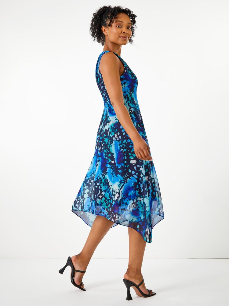Roman Blue Petite Floral Midi Hanky Hem Dress - Image 1 of 5
