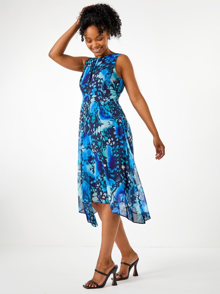 Roman Blue Petite Floral Midi Hanky Hem Dress - Image 2 of 5
