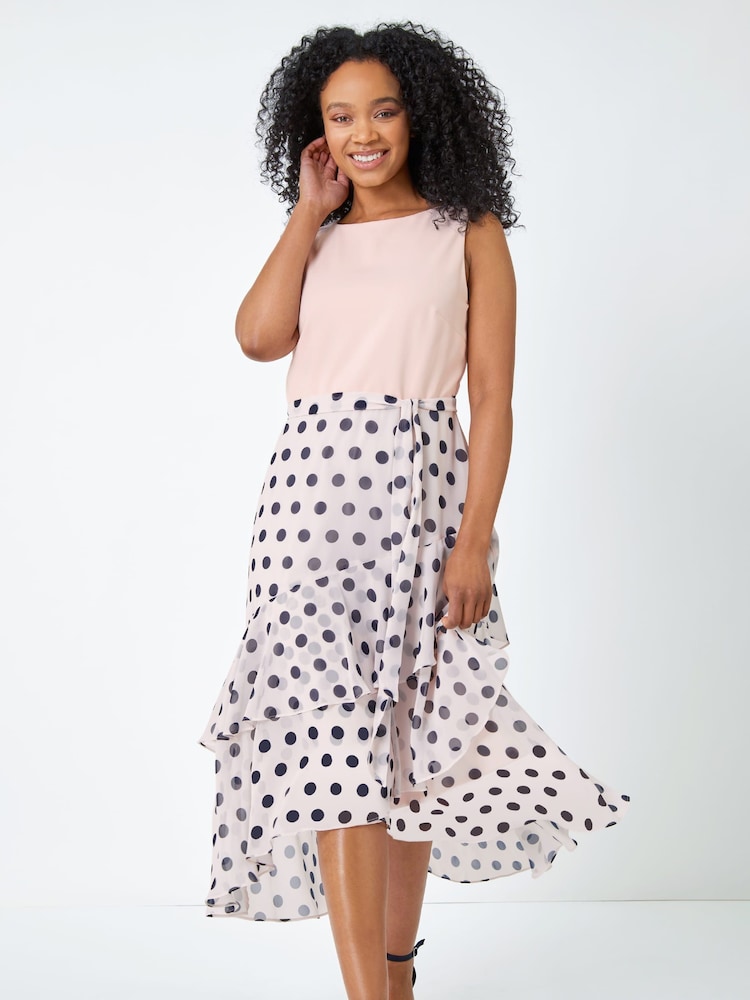 Roman Pink Petite Sleeveless Polka Dot Chiffon Midi Dress - Image 1 of 5 Roman Pink Petite Sleeveless Polka Dot Chiffon Midi Dress - Image 1 of 5