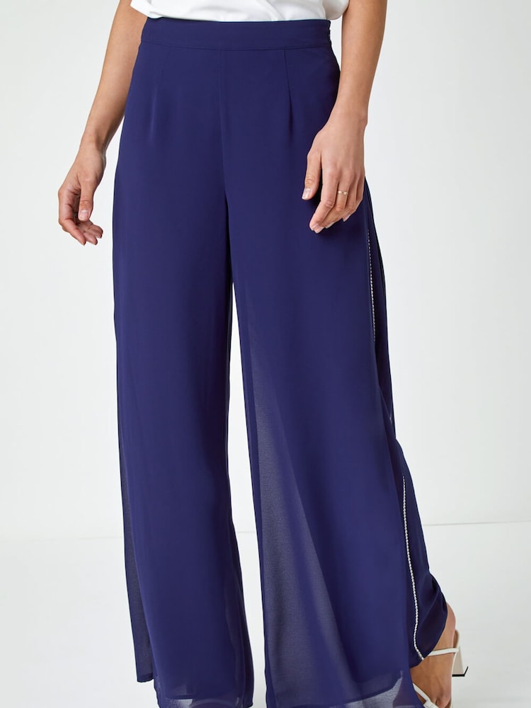 Roman Blue Diamante Embellished Side Split Chiffon Trousers - Image 1 of 5