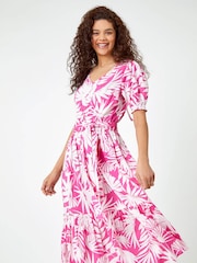 Roman Pink Floral Print Tiered Midi 100% Cotton Dress - Image 1 of 5