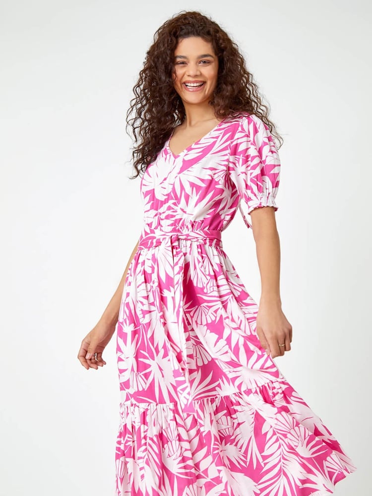 Roman Pink Floral Print Tiered Midi 100% Cotton Dress - Image 1 of 5