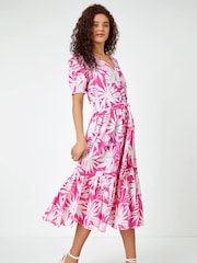 Roman Pink Floral Print Tiered Midi 100% Cotton Dress - Image 2 of 5