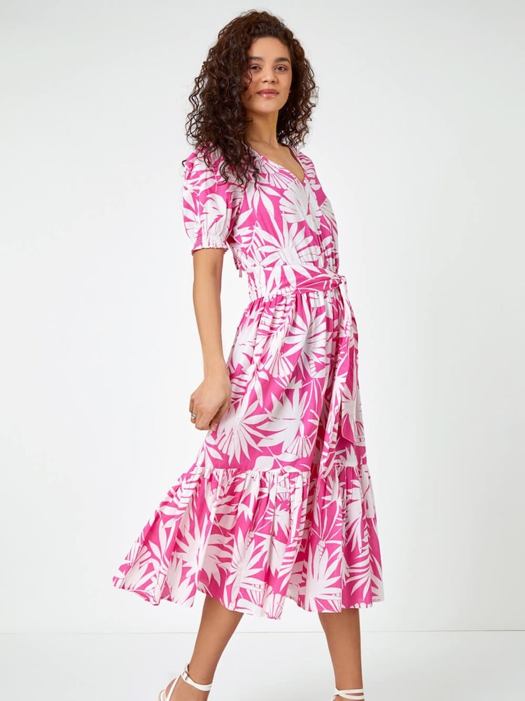Roman Pink Floral Print Tiered Midi 100% Cotton Dress - Image 2 of 5