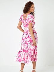 Roman Pink Floral Print Tiered Midi 100% Cotton Dress - Image 3 of 5