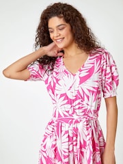 Roman Pink Floral Print Tiered Midi 100% Cotton Dress - Image 4 of 5