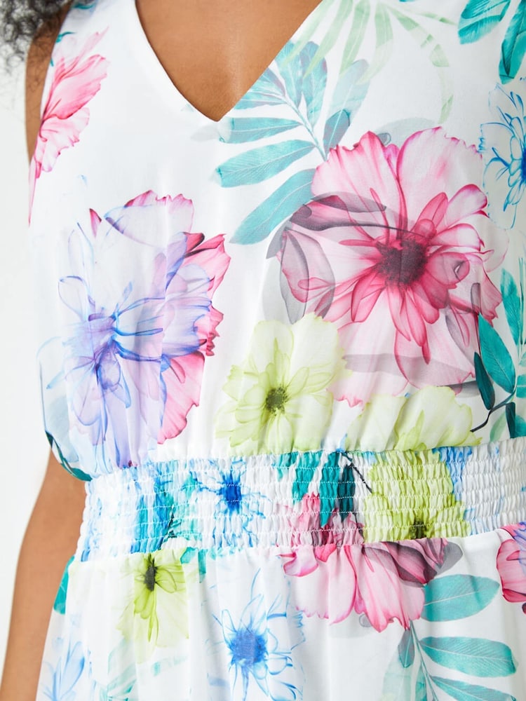 Roman White Petite Floral Print Shirred Dress - Image 5 of 5