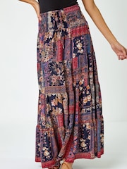 Roman Red Boho Floral Shirred Waist Maxi Skirt - Image 1 of 5
