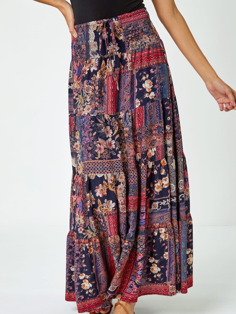 Roman Red Boho Floral Shirred Waist Maxi Skirt - Image 1 of 5