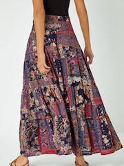 Roman Red Boho Floral Shirred Waist Maxi Skirt - Image 2 of 5