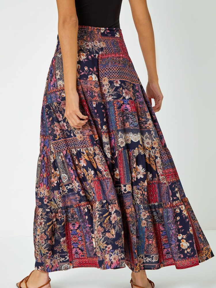 Roman Red Boho Floral Shirred Waist Maxi Skirt - Image 2 of 5