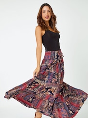 Roman Red Boho Floral Shirred Waist Maxi Skirt - Image 3 of 5