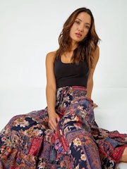 Roman Red Boho Floral Shirred Waist Maxi Skirt - Image 4 of 5