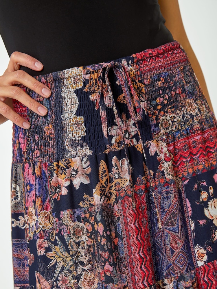 Roman Red Boho Floral Shirred Waist Maxi Skirt - Image 5 of 5