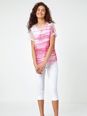 Roman Pink Mesh Overlay Stripe Print Top - Image 2 of 5