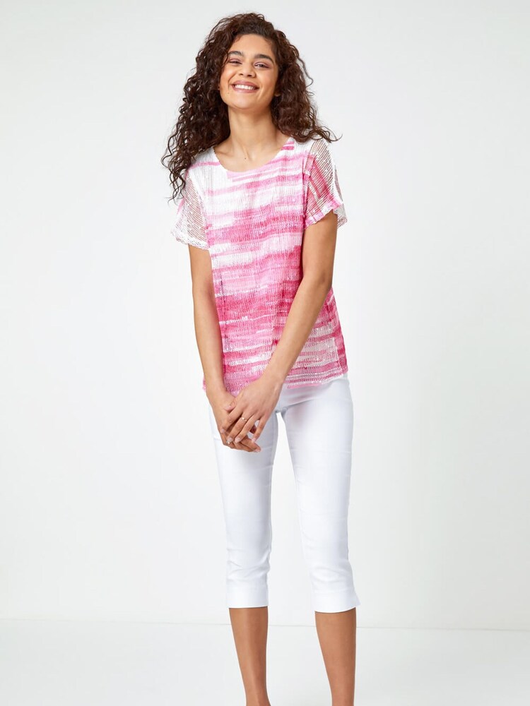 Roman Pink Mesh Overlay Stripe Print Top - Image 2 of 5