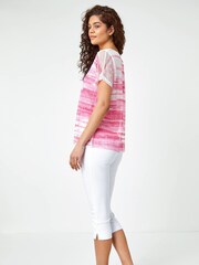 Roman Pink Mesh Overlay Stripe Print Top - Image 3 of 5